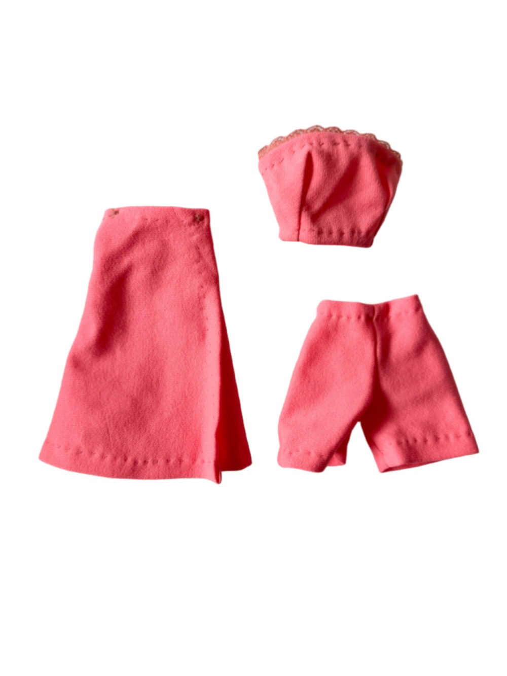 Vintage Barbie and Friends Clone 3 Piece Set Coral Pink Tube Top, Shorts, Skirt